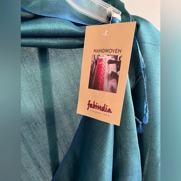NWT Fabindia Handwoven 100% Silk Wrap Dupatta Stole Scarf Turquoise Teal Blue